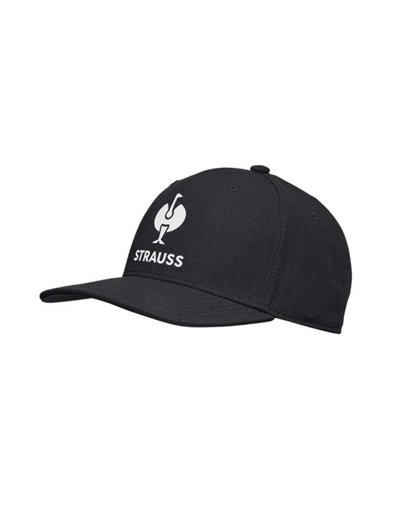 black cap with Strauss-Logo showing the white ostrich